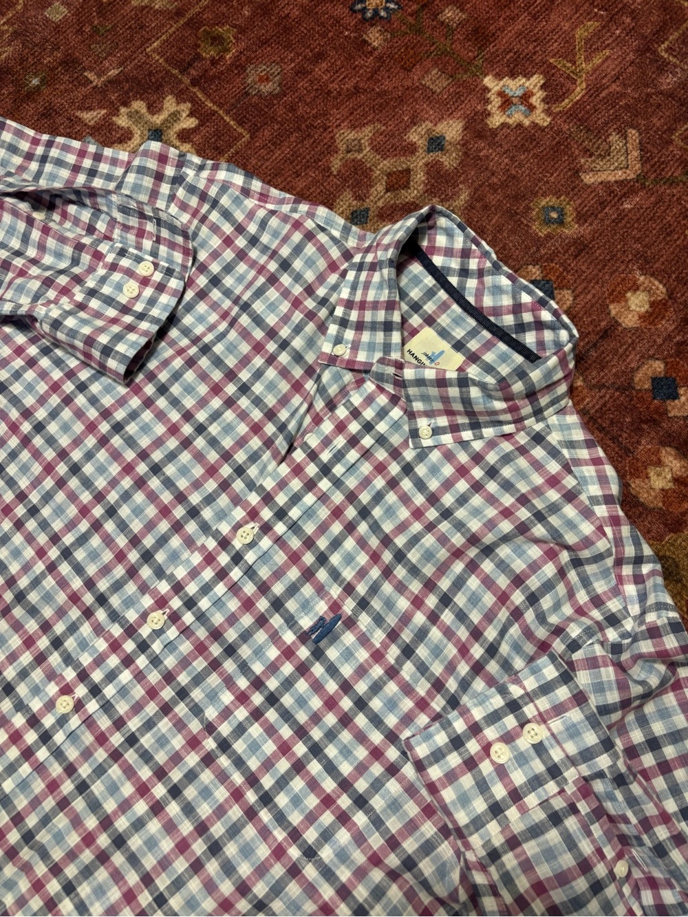 johnnie-O Hangin' Out Mens M Blue Purple White Plaid Button-Down Shirt cotton